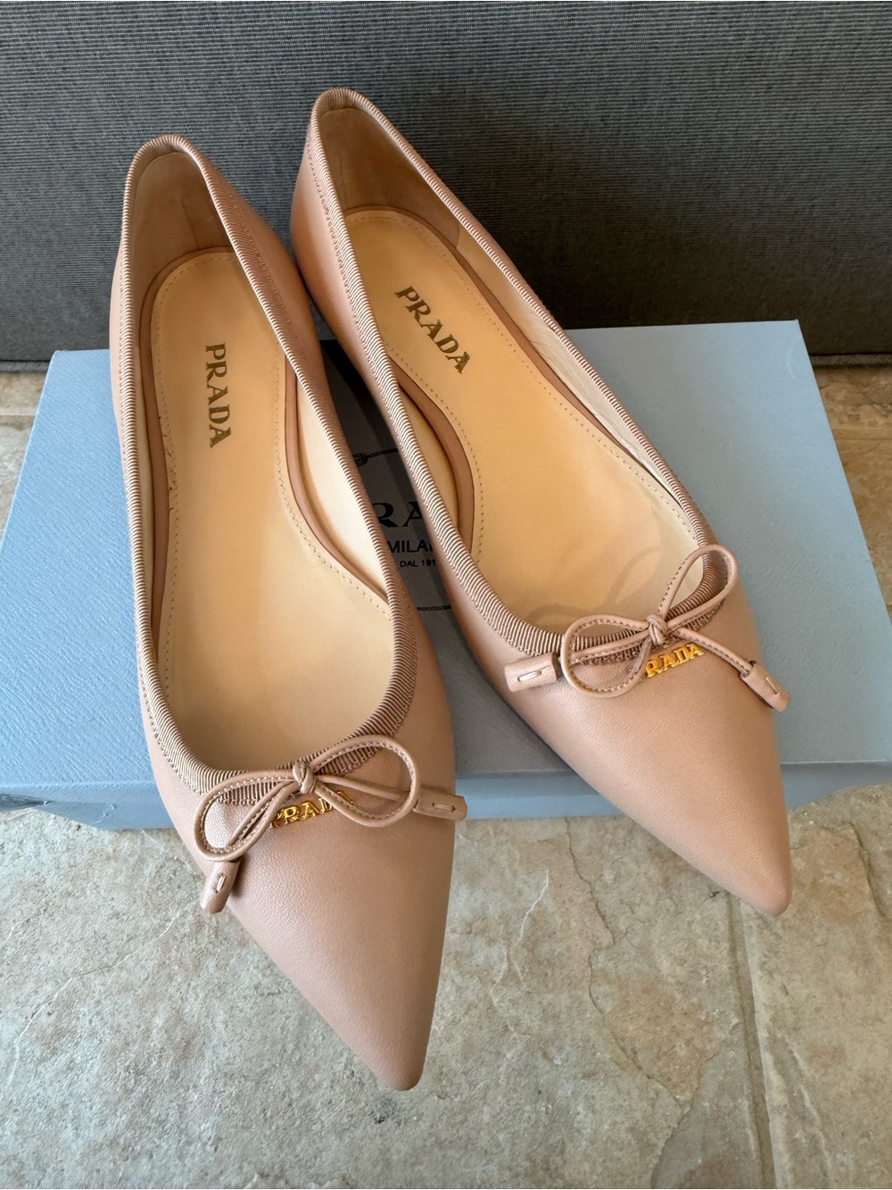 PRADA Nappa Leather Pointed Toe Bow Ballet Flats Nude Beige Size 40.5